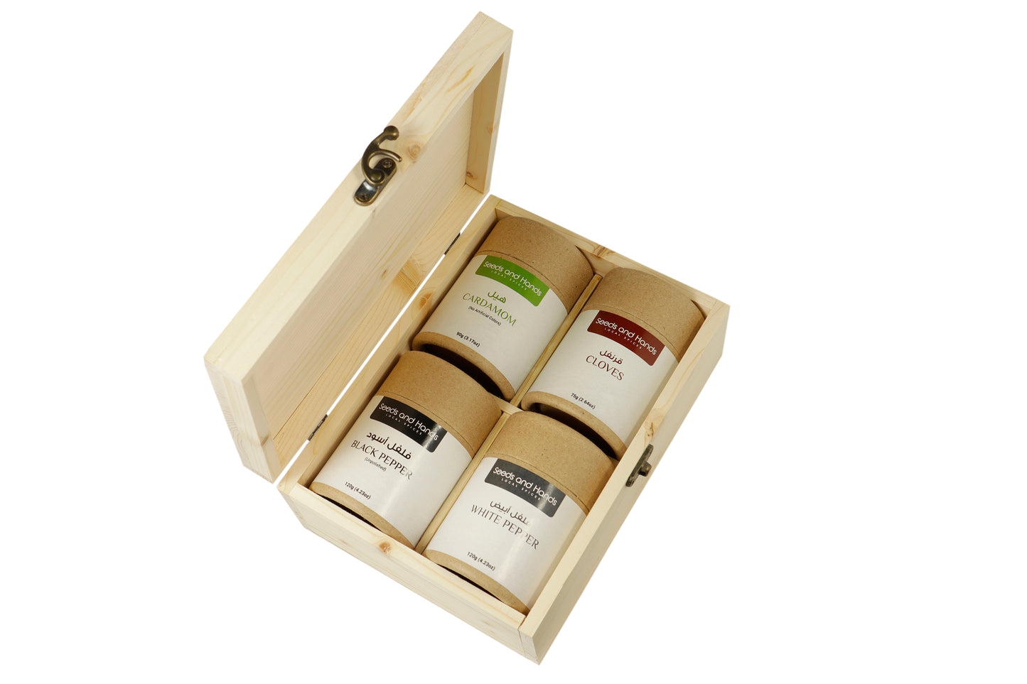 Black Pepper 120g, Cardamom 90g, Cloves 75g, White Pepper 120g