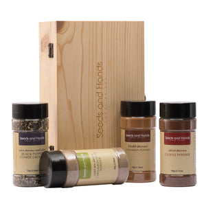 Black Pepper Coarse Ground 75g, Cardamom Seed Powder 65g, Cinnamon Powder 50g, Cloves Powder 60g